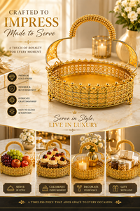 Round Polished Modern Gold Metal Serving Tray with Handle Plant Pattern Engraved Glam Handmade Decorative Dishware - Product Image 3