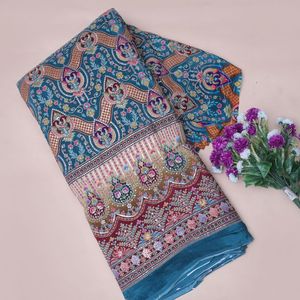 Peacock <b>Teal</b> Floral Lightweight Crepe Embroidery Fabric 54 Inch Designer Daman Border Yardage Kurti Anarkali Gown Salwar <b>Suit</b> - Product Image 4