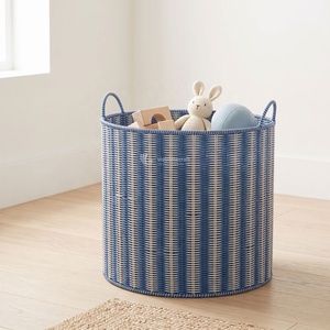 Cesta de Almacenamiento Redonda de Mimbre Tejido Rústico Azul, Ecológica, con Asas, para Guardería, Dormitorio y Sala de Juegos - Product Image 4