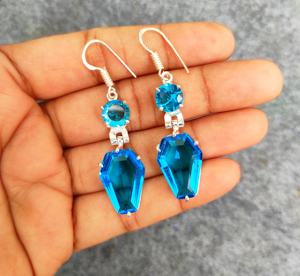 Boucles d'oreilles pendantes en laiton plaqué argent 925, style bohème artisanal, topaze bleue, élégantes, tendance, bijoux de mariage en perles - Product Image 5