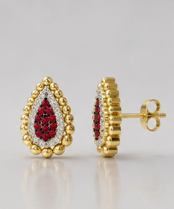 Boucles d'oreilles en argent sterling 925 plaqué or avec rubis rouge CZ en forme de goutte d'eau et halo de CZ blanc, bijoux de luxe pour femmes - Product Image 2