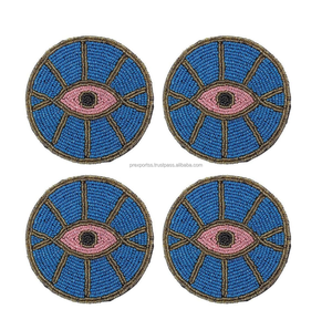 Ensemble de dessous-de-verre perlés faits à la main, design bohème rond, yeux, lèvres, cactus, palmier, tapis en tissu, accessoire de table décoratif - Product Image 3