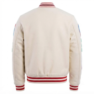 <b>Mens</b> <b>White</b> Varsity <b>Jacket</b> Custom Embroidered Patches Wool And Leather Retro Letterman <b>Jacket</b> Streetwear Vintage Snap Button Coat - Product Image 2