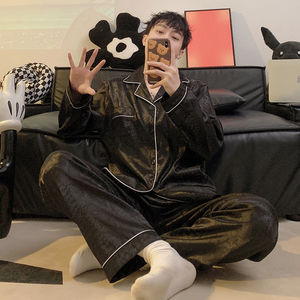 Ensemble de pyjama pour homme, printemps automne, manches longues et pantalon, grande taille, vêtements de maison décontractés pour jeunes - Product Image 5