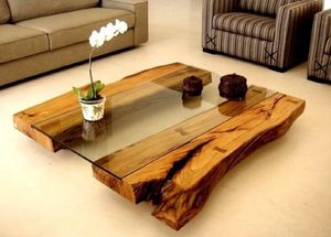 Table basse rustique en bois massif avec plateau en verre, forme irrégulière, décoration de meubles pour salon intérieur - Product Image 1