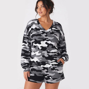 Everyday Street Style Apparel <b>Women</b> Camo Print V Neck <b>Long</b> Sleeve Sweatshirt <b>Shorts</b> 2 Piece Set Casual Loose Outfit - Product Image 1