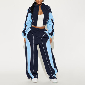Ensemble de survêtement deux pièces pour femme, coupe ample, style sportif, avec veste et pantalon, à rayures bleu marine et blanc, color block, longueur intégrale, personnalisé - Product Image 1
