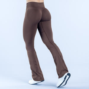 Pantalon évasé sans couture pour femme avec taille côtelée croisée en V, effet froncé invisible, jambes évasées, pantalon large de sport - Product Image 4