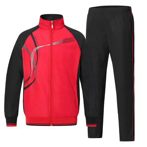 Ensemble de survêtement unisexe rouge et noir, veste zippée intégrale et pantalon sport, polyester respirant, vêtements d'automne, taille adulte, coupe classique - Product Image 1