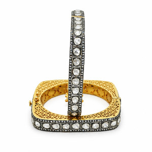 Heritage 925 Sterling Silver Gold Plated Kundan Polki Square <b>Bangle</b> with Antique Black Rhodium Finish - Product Image 5