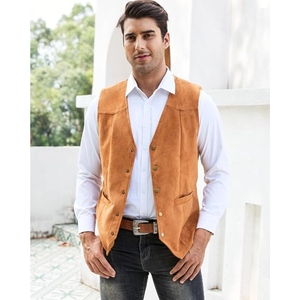 Gilet en cuir suédé vintage pour homme, style western cowboy, avec franges et pompons, boutons-pression, décontracté, OEM - Product Image 2