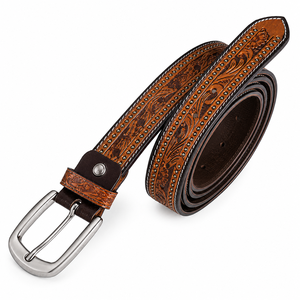 Cinturón de Cuero Genuino Hecho a Mano de Primera Calidad para Hombre, Cinturón Occidental Informal con Grabado Floral Decorativo - Product Image 3