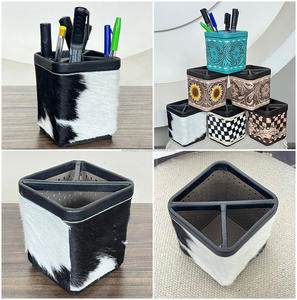 Portaplumas Cuadrado de Cuero Vacuno Genuino Hecho a Mano de Lujo, Organizador de Escritorio de Diseño Occidental, Almacenamiento de Papelería de Oficina - Product Image 3