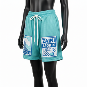 Shorts en maille polyester de haute qualité pour femmes, couleur aqua, avec grand panneau en maille et logo personnalisé par sublimation. - Product Image 4