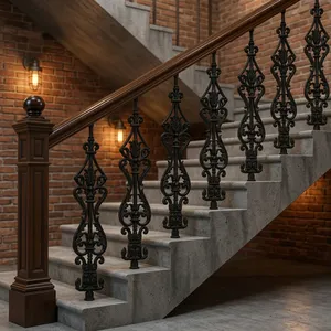 Panneau de rampe d'escalier en fer forgé orné, décorations en volutes, meneaux et balustres métalliques décoratifs pour rénovation d'escalier intérieur - Product Image 1