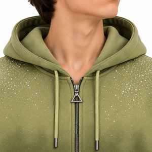 <b>Men</b>’s Olive <b>Green</b> Rhinestone Zip Up <b>Hoodie</b> Wide Leg Jogger Set Premium Streetwear Tracksuit - Product Image 4
