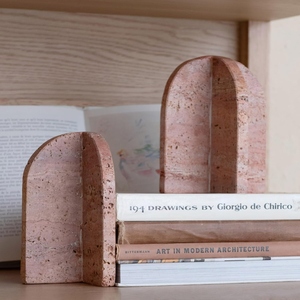 Pink Travertine Stone Bookends 6x5x3 Inches Rustic Curve Design Decorative Arch Shape 2Pcs Set - Product Image 3