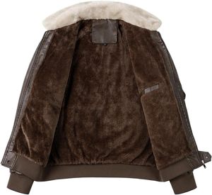 Chaqueta Bomber de Cuero PU Marrón para Hombre, con Cuello de Piel Sintética, Cierre de Cremallera Frontal, Estilo Motero, Gruesa para Invierno, Color Sólido, Manga Regular - Product Image 3