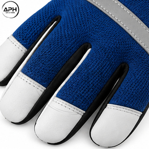 ถุงมือประกอบงานสีขาวน้ำเงิน คุณภาพพรีเมียม ผ้าเนื้อสัมผัสพิเศษ ปักแบรนด์ตามสั่ง ป้ายยี่ห้อส่วนตัว เย็บติดฝ่ามือ ราคาขายส่ง - Product Image 6