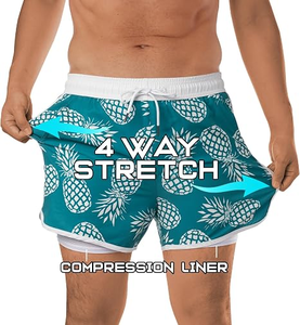 <b>Men's</b> Reversible Pineapple <b>Print</b> Beach <b>Shorts</b> Mid Waist Drawstring Quick Dry Swim Trunks with Pockets Light Green and White - Product Image 3