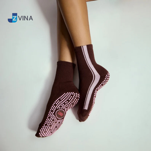 Custom LOGO Pilates <b>Socks</b> Burgundy Color Vertical Stripes Pattern Dual Direction Inside Grip <b>Women</b> Anti Slip Yoga Barre Daily - Product Image 1