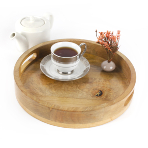 12 Inch Acacia Wooden Round Serving <b>Tray</b> <b>Table</b> Decorative Food Storage Platters With Handles for Kitchen Bathroom Living Room - Product Image 4