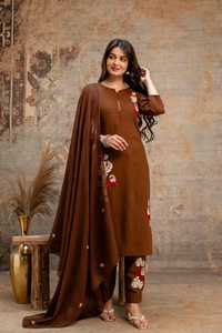 Brown Applique Embroidery Pure Cotton <b>Women</b> Salwar Kameez Set 3/4th Sleeve <b>Kurti</b> & Pant with Dupatta <b>for</b> Party Wedding - Product Image 3