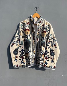 Traditional Hand-Embroidered Off-<b>White</b> Velvet <b>Jacket</b> for Women Kashmiri Aari Work Ethnic Winter Wear Overcoat - Product Image 1