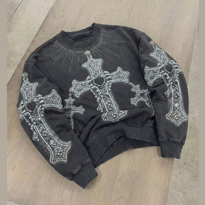 Sudadera con Cruz Gótica y Pedrería para Hombre, Cuello Redondo, Tejido de Algodón, Corte Regular, Estilo Invernal, Ecológica y Transpirable - Product Image 1
