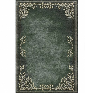 Tapis d'intérieur vintage à poils plats, motif feuille, en laine/soie, fabriqué à la machine, tufté à la main, avec bordure verte, antidérapant en latex, pour chambre et salon - Product Image 1