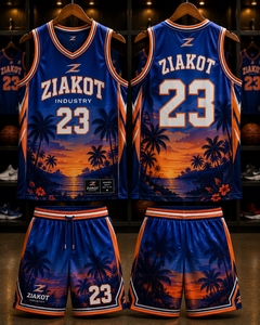 Jersey Basket Otentik Motif Pohon Palem Hawaii Tropis 3D Oranye-Navy Kustom Terlaris Industri Grosir Langsung - Product Image 1