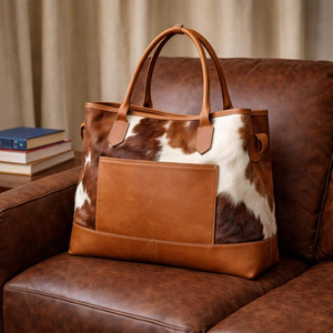 Vintage Cowhide Leather <b>Tote</b> <b>Bag</b> Panelled Design Hasp Closure Women's Shoulder Handbag All Seasons Daily Use - Product Image 3