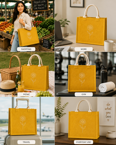 Yellow Jute <b>Tote</b> <b>Bag</b> <b>With</b> Flower Embroidery 13x12x6 In Spacious Main Compartment Inner <b>Pocket</b> Eco-friendly Daily Essential - Product Image 3