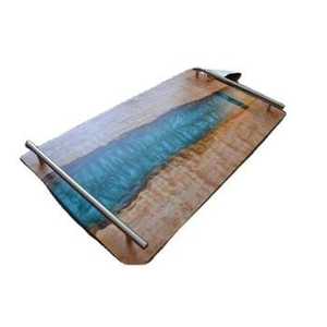 Handmade Peach and Pale Blue Resin Serving Tray Gold Branch Handles Agate Style Platter Luxury <b>Coffee</b> <b>Table</b> Vanity Organizer - Product Image 2