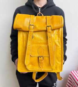 Genuine <b>Leather</b> Roll Top <b>Backpack</b> Polished Cowhide <b>Leather</b> Rucksack Business Laptop Bag Men LRTB-0138 - Product Image 6