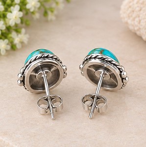 Muhave Turquoise <b>Silver</b> <b>Stud</b> Earrings, 925 <b>Sterling</b> <b>Silver</b> Turquoise <b>Studs</b>, Oval Blue Gemstone Earrings, Boho Southwestern - Product Image 3