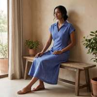 Robe midi trapèze en coton à carreaux bleu marine pour femme, à manches courtes, en tissu léger, style moderne, coupe confortable
