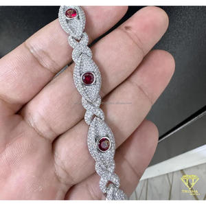 Luxury Moissanite Diamond Oval Link <b>Bracelet</b> in 925 Sterling Silver with <b>Ruby</b> Red Round Center Stones and Iced Finish - Product Image 6