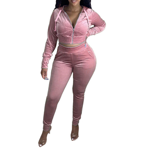 Women's Beige Velvet Hooded Tracksuit Set Full Sleeve <b>Zipper</b> Front Crop <b>Top</b> With Side Pockets Skinny Fit Sweatpants Autumn Wear - Product Image 3