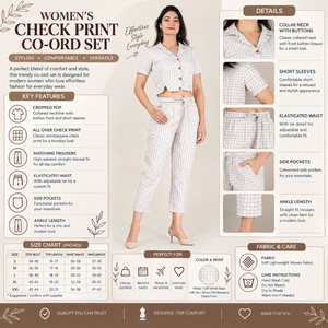 Women Casual White Check Print Co Ord <b>Set</b> Cropped Collared Button <b>Top</b> Short Sleeve High Waist Ankle Length <b>Trousers</b> 100% Cotton - Product Image 5