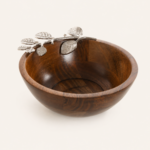 Handmade Premium Mango Wood Serving Bowl with Decorative Silver Metal Leaf Branch Elegant Tabletop Decor For Salads Fruits Use - Product Image 1
