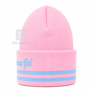 Custom Gamma Phi Delta Sorority Knit <b>Beanie</b> Sky <b>blue</b> and pink Casual Style embroidered logo with stripes for female - Product Image 4