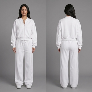 <b>Women</b> Cropped Bomber Jacket Zip Up Sweatshirt Wide Leg Sweatpants 2 Piece Tracksuit Set Casual <b>Fleece</b> <b>Jogger</b> Outfit Wholesale - Product Image 3