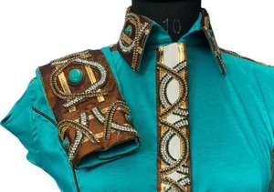 Camisa de seda turquesa estilo western con cuello y puños bordados, blusa de manga larga para espectáculos de vaqueras - Product Image 3