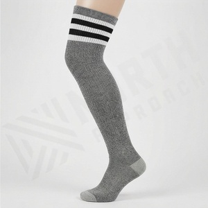 Gray <b>Knee</b> <b>High</b> <b>Socks</b> With Black And White Stripes Knitted Breathable Casual Daily Wear For Adults - Product Image 3