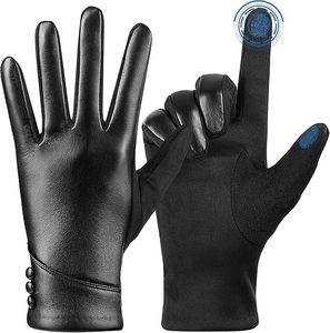 Gants d'hiver en cuir pour femmes, compatibles écran tactile, doublés laine, coupe-vent, chauds, en daim, élégants - Product Image 2