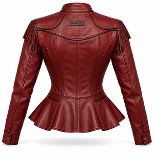 Chaqueta de cuero genuino para mujer, estilo motero, rojo intenso, con peplum, hombros con flecos, cuello mandarín y dobladillo acampanado. Proveedor OEM/ODM personalizado. - Product Image 2
