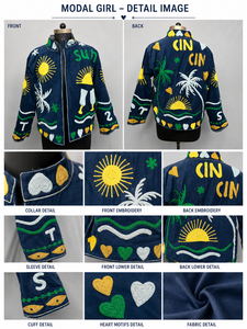Hand Embroidered Navy Bomber Jacket With Sun Palm Tree Pattern Full Sleeve <b>Zipper</b> Closure Summer Women's Outerwear - Product Image 5