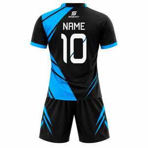 Conjunto de Camiseta de Fútbol Personalizada SINEWY, Diseño Geométrico Negro y Azul, Absorbe la Humedad, Manga Corta, Unisex, Adulto, Todas las Temporadas - Product Image 2