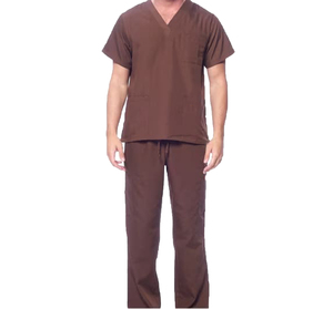 Ensemble de blouses médicales marron pour hommes en coton et polyester, uniformes d'hôpital, col en V, manches courtes, pantalon – Produit très demandé - Product Image 1